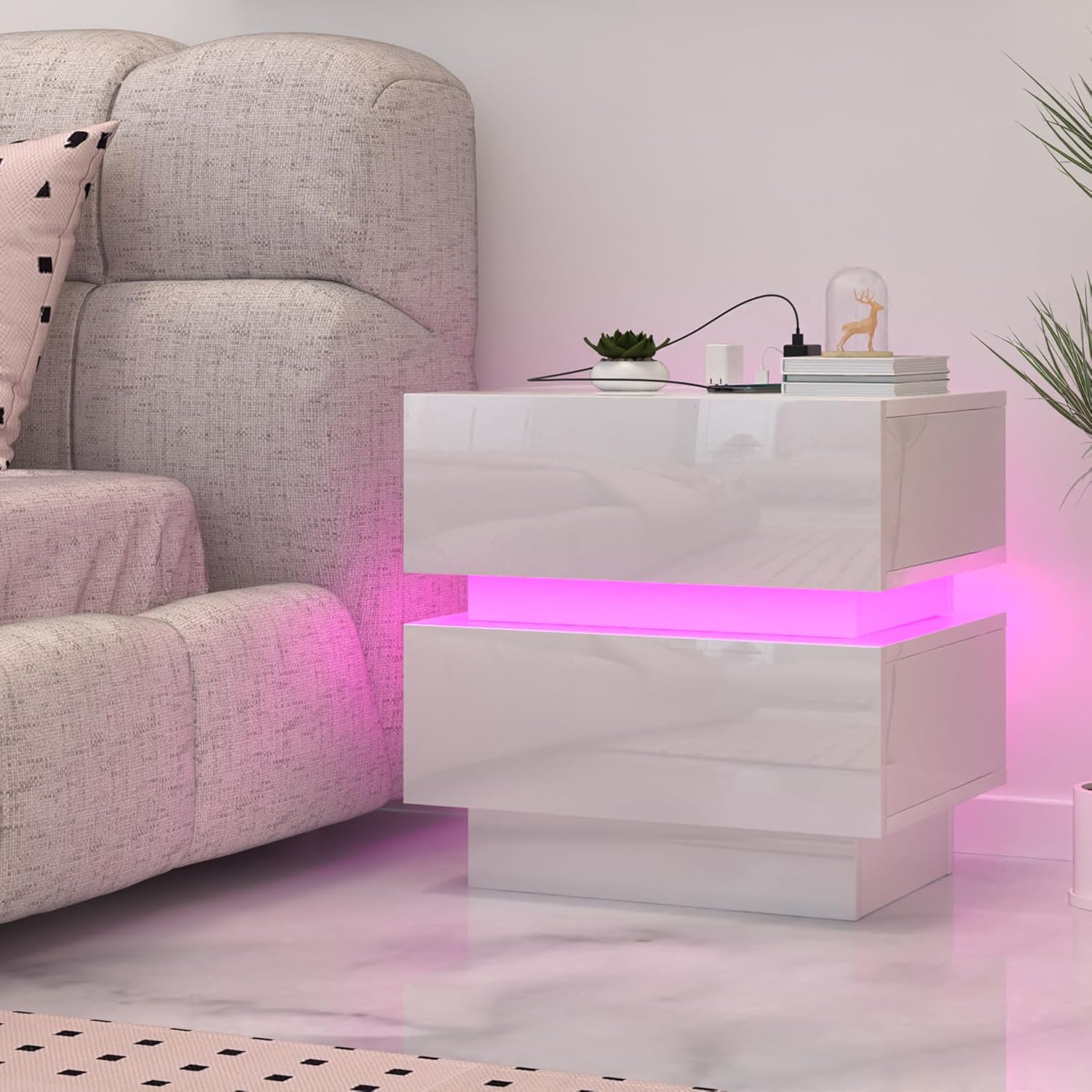 Nachttisch mit Steckdose und LED, Nachtschrank mit ladefunktion und USB, Nachtkommode mit 2 schubladen (45x35x46cm, Weiß)