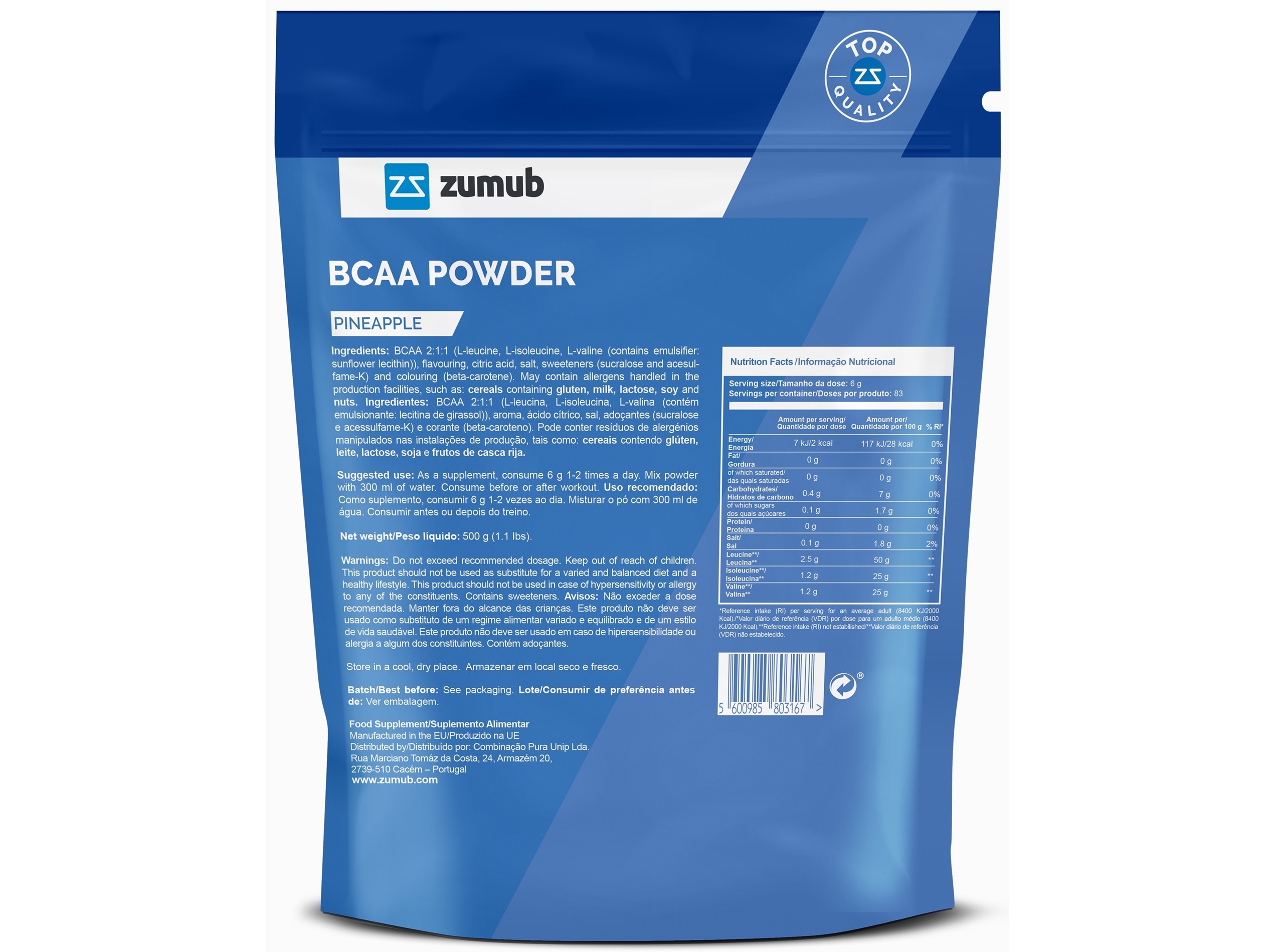 SUPLEMENTO ZUMUB BCAAS EM PÓ DE ANANÁS 500G