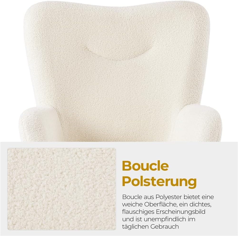 Yaheetech Sessel Ohrensessel mit Hocker aus Boucle-Gewebe, Relaxsessel mit Fußstütze, Loungesessel mit Klappbarer Rückenlehne, Fernsehsessel für Wohnzimmer/Schlafzimmer Elfenbein