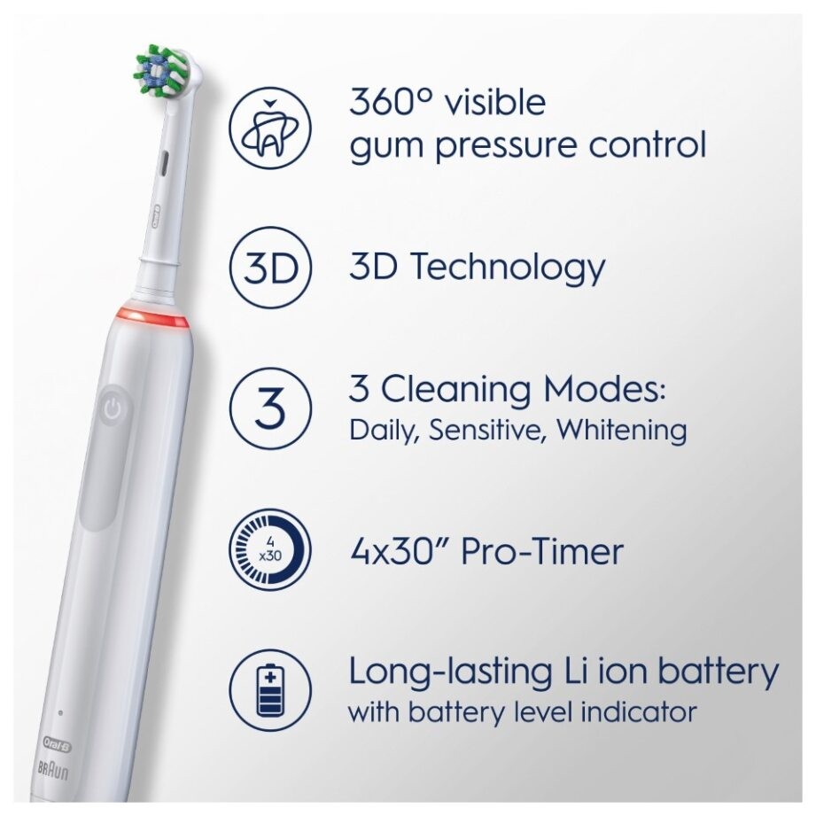 Oral-B - Pro3 Hvid Elektrisk Tandbørste + Ekstra Sensi Børstehoved + TC