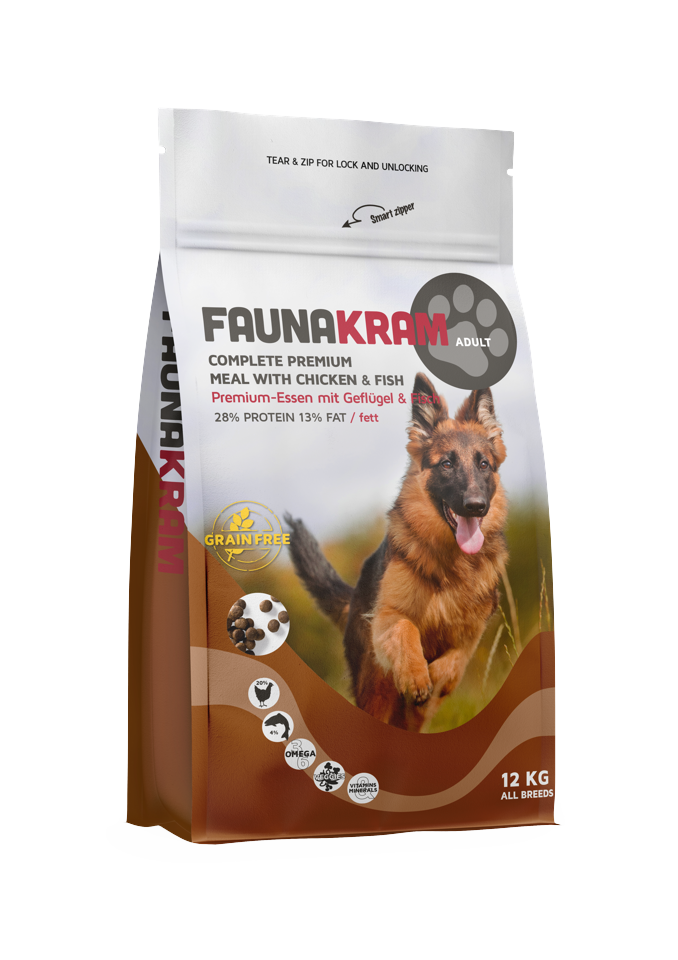Faunakram - 12 kg. Voksen hundefoder Korn fri kylling og fisk28-13