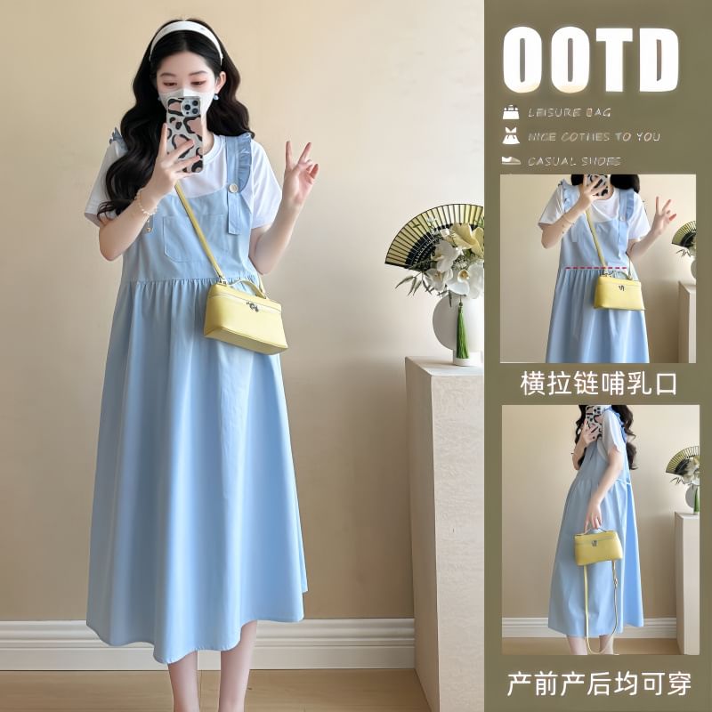Levsayte - Maternity Plain Ruffle Midi Pinafore Dress