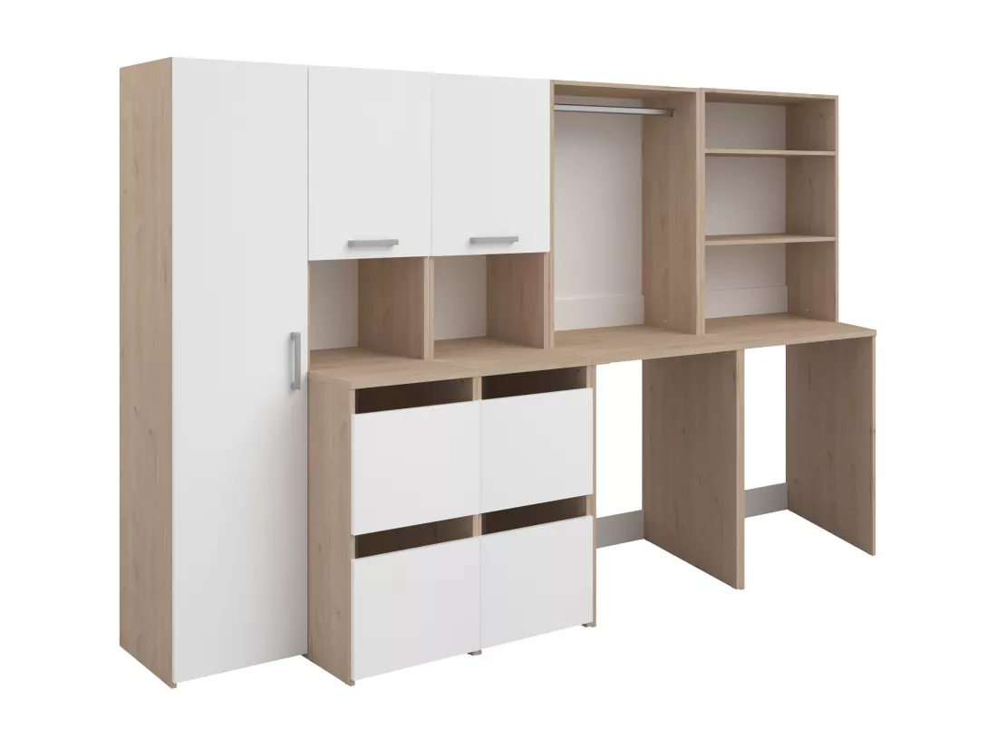Meuble pour 2 machines à laver avec étagères, penderie, placard et colonne - Naturel clair et blanc - L269 x H184 cm - ERKANO