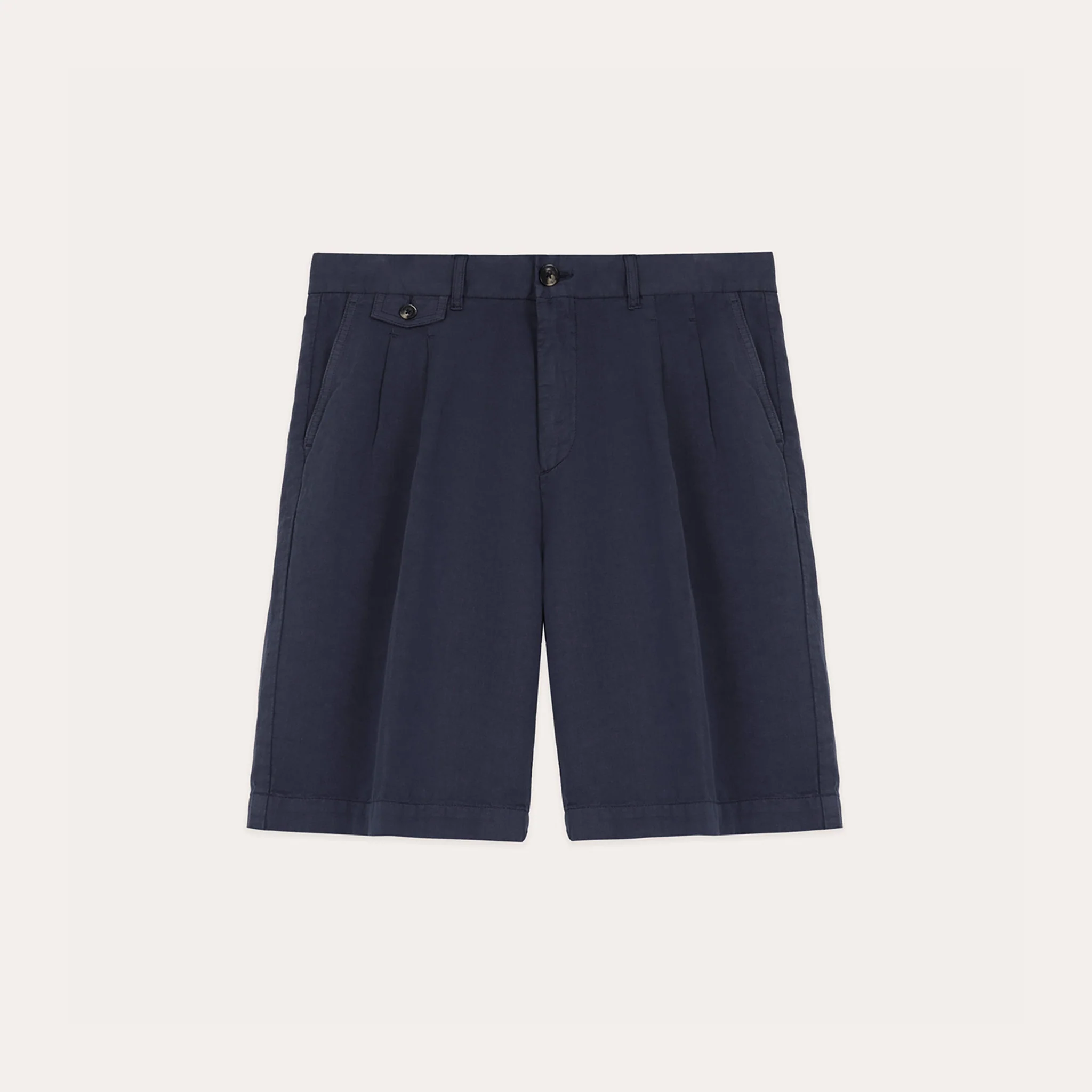 Navy cotton and linen double-pleated shorts
