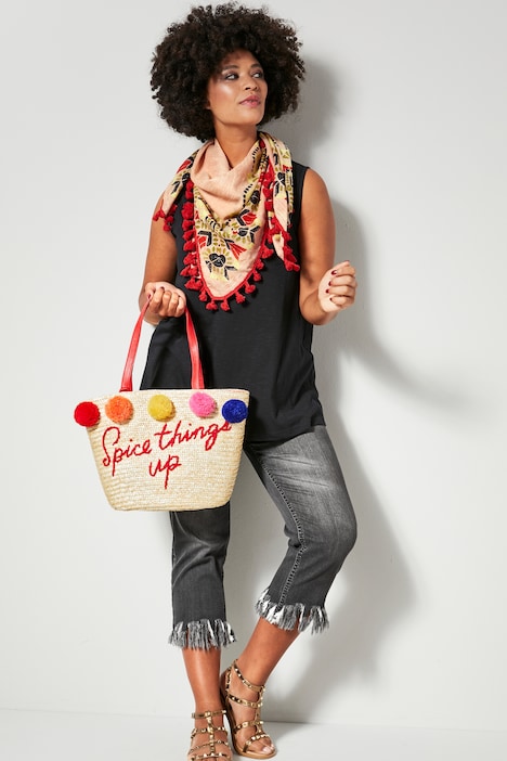 Basttasche, Schriftzug, farbige Pompoms