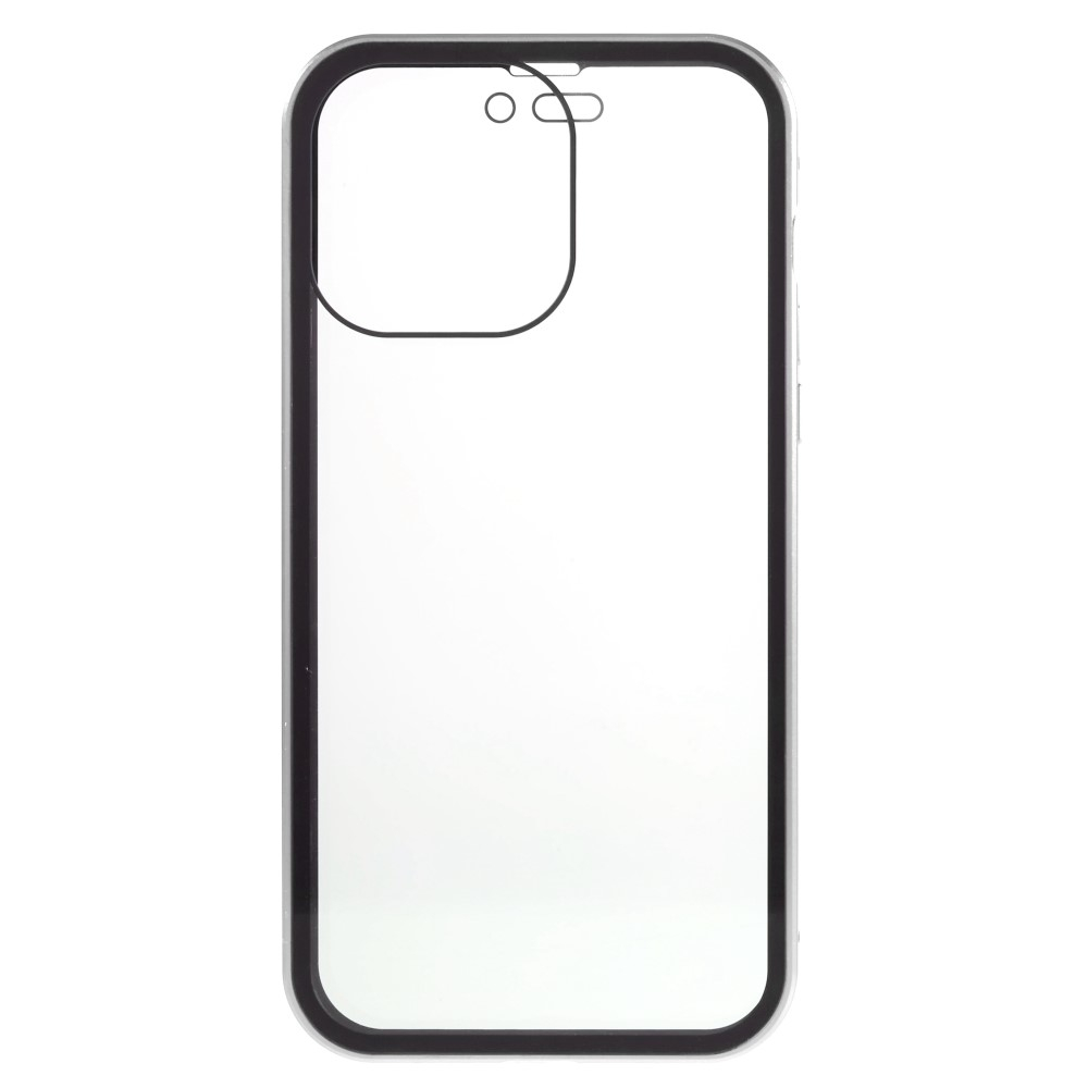 iPhone 14 Pro Magnetische Alu Schutzhülle mit Panzer Glas Backcover   Privacy Glas Displayschutz (Magnet-Technologie) - Silber