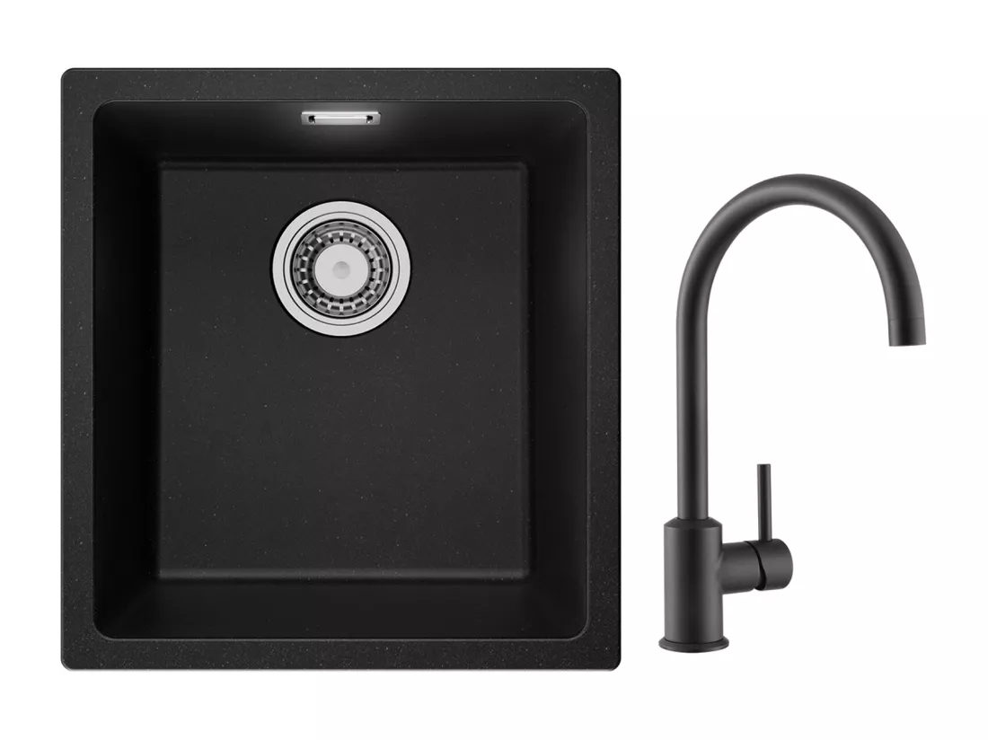 Evier 1 Bac en Quartz et Résine, 3 Options de Montage, 40*44*20cm + Mitigeur de Cuisine en Inox Noir