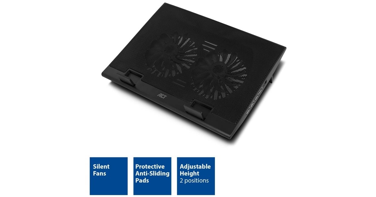 ACT ConnectivityLaptopstandaard, met ventilator, hoogte verstelbaar in 2 standen  (Zwart, 4-poorts USB 2.0 hub)