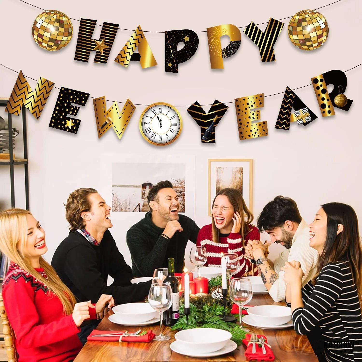 (5m) Happy New Year Girlande Silvester Party Deko Accessoire Banner Discokugel - Schwarz / Gold