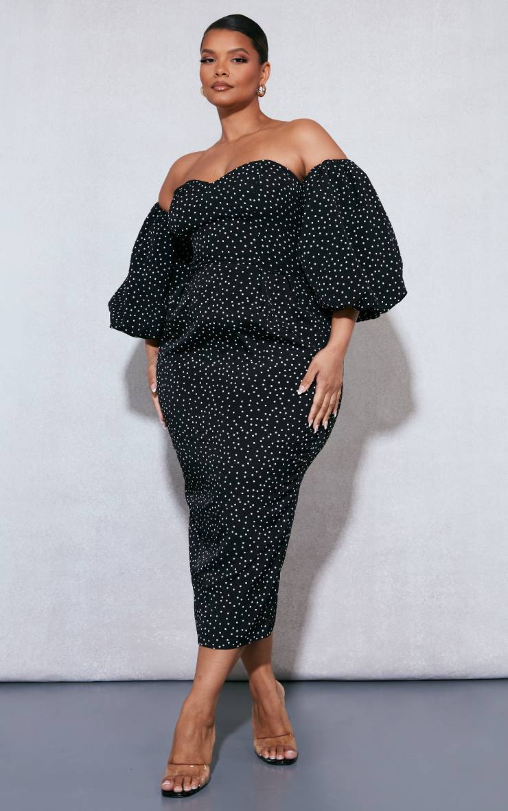 Noir Robe Midi Grande Taille À Pois Bandeau Et Manches Bouffantes
