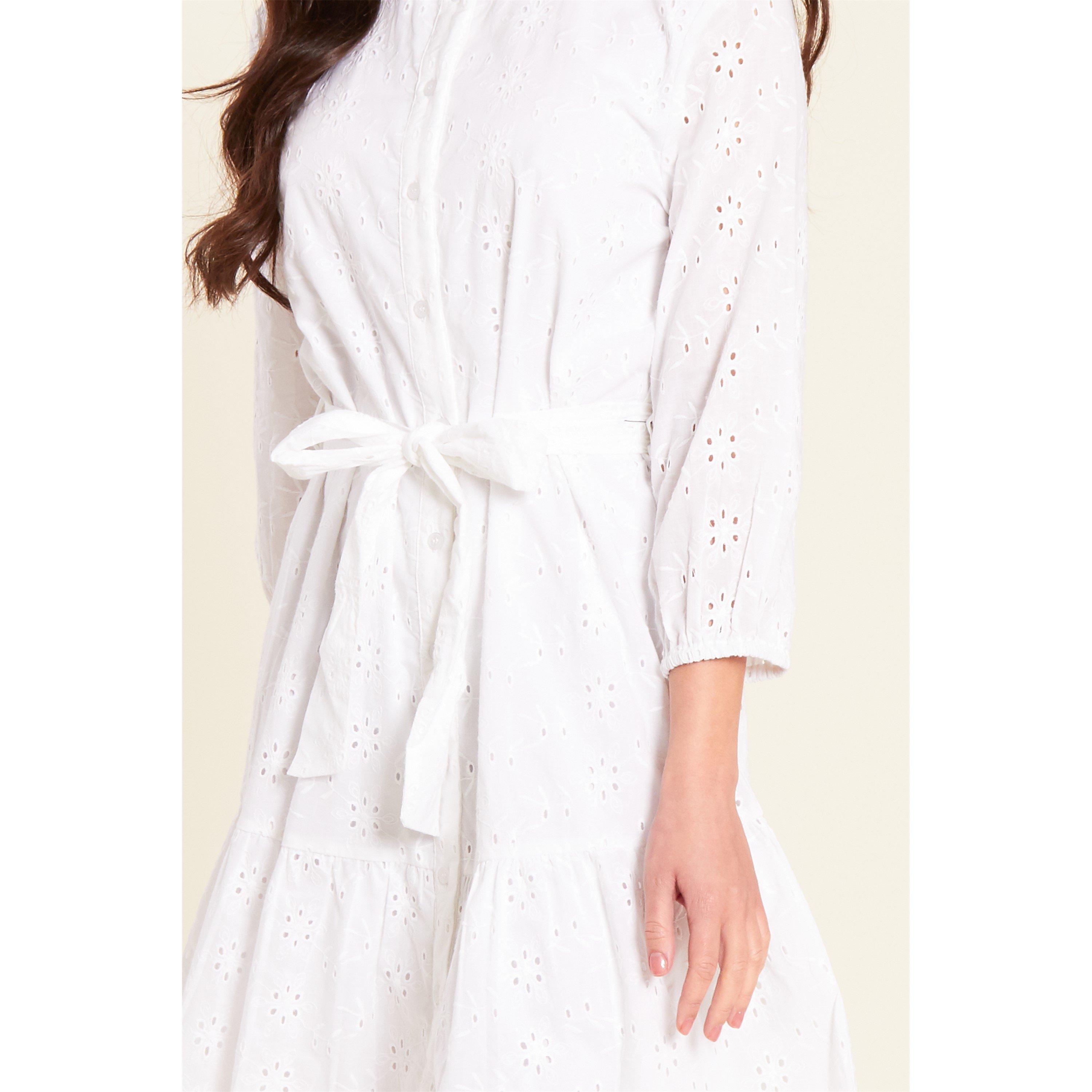Be You Broderie Broderie Tie Waist Shirtdress