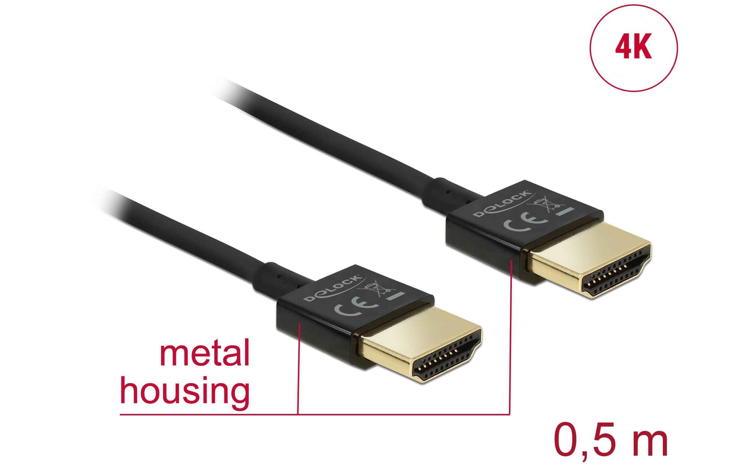 Kabel 4K 60Hz HDMI - HDMI, 0.5 m, SchwarzDelock Kabel High Speed HDMI mit Ethernet – HDMI-A Stecker > HDMI-A Stecker 3D 4K 0.5 m Slim High Quality