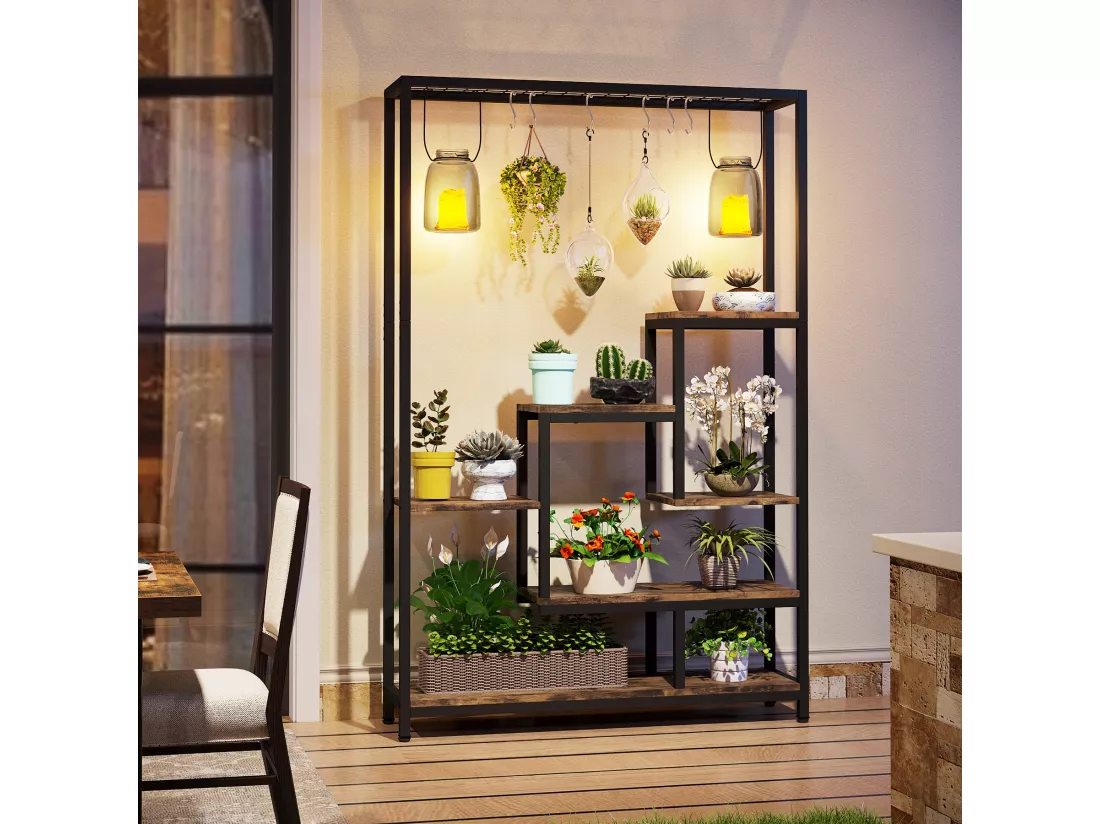 Tribesigns Support pour plantes d'intérieur à 5 niveaux - Grande étagère en métal de 180,1 cm avec 10 crochets de suspension en S - Multifonction - Pour intérieur, jardin, balcon, salon (Maron et Noir)
