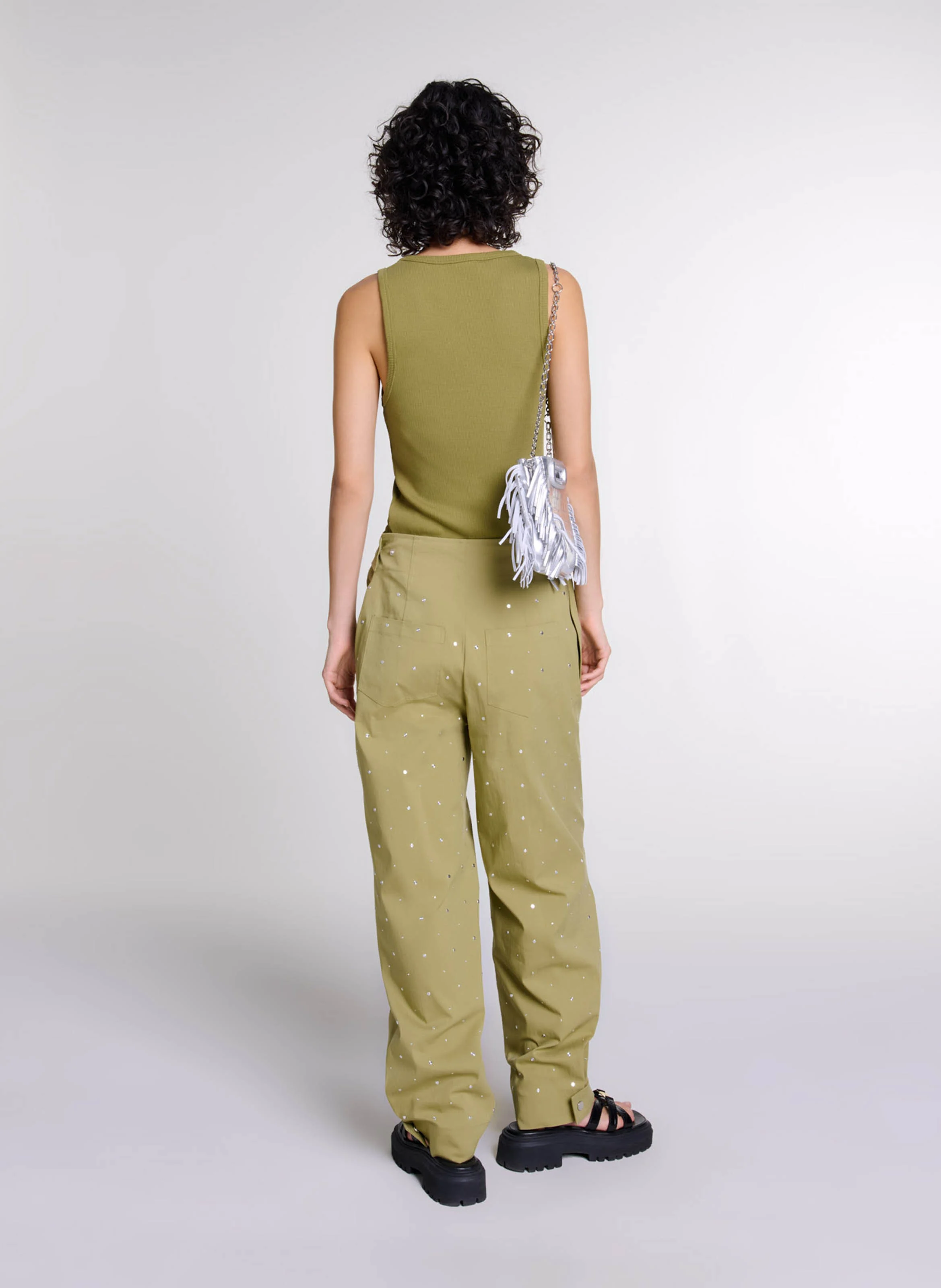 Pantalon large à rivets en coton mélangé | Kaki