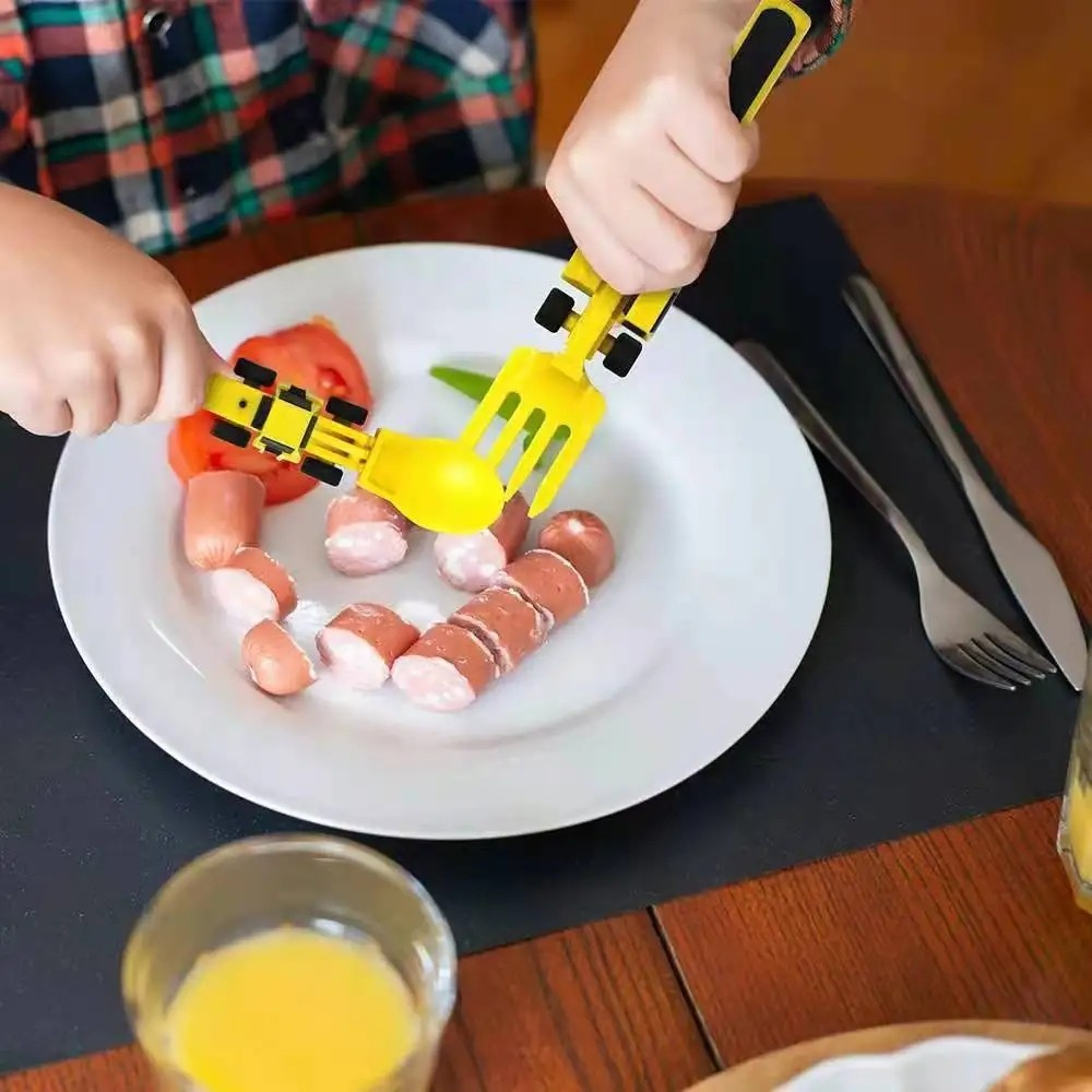 (3-tlg. Set) Kinder Lern Besteck Kreatives Baustellen Geschirr Bagger Schieber / Gabel / Löffel - Gelb