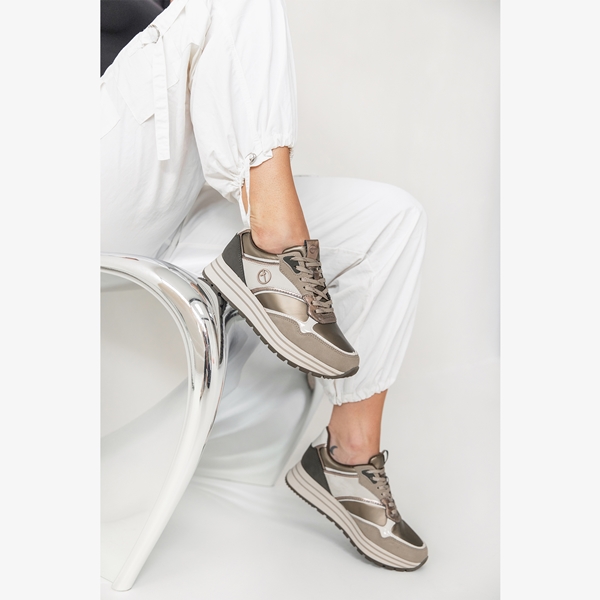 Tamaris leren dames sneakers groen/beige