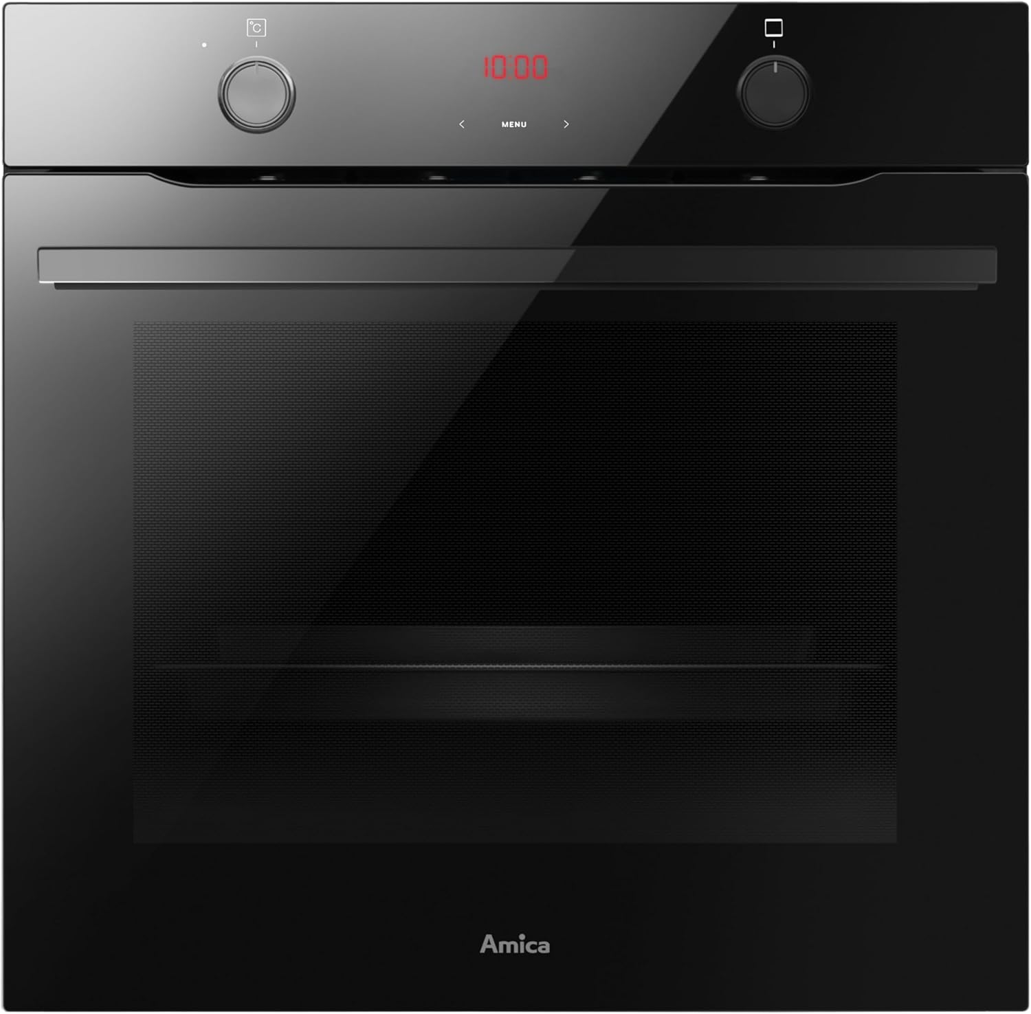 Amica EBX 943 600 S Einbaubackofen/Schwarz-Glas / 77 Liter Garraumvolumen / 9 Funktionen (z. B. Umluft, Ober-/Unterhitze) / Timer/Versenkknebel