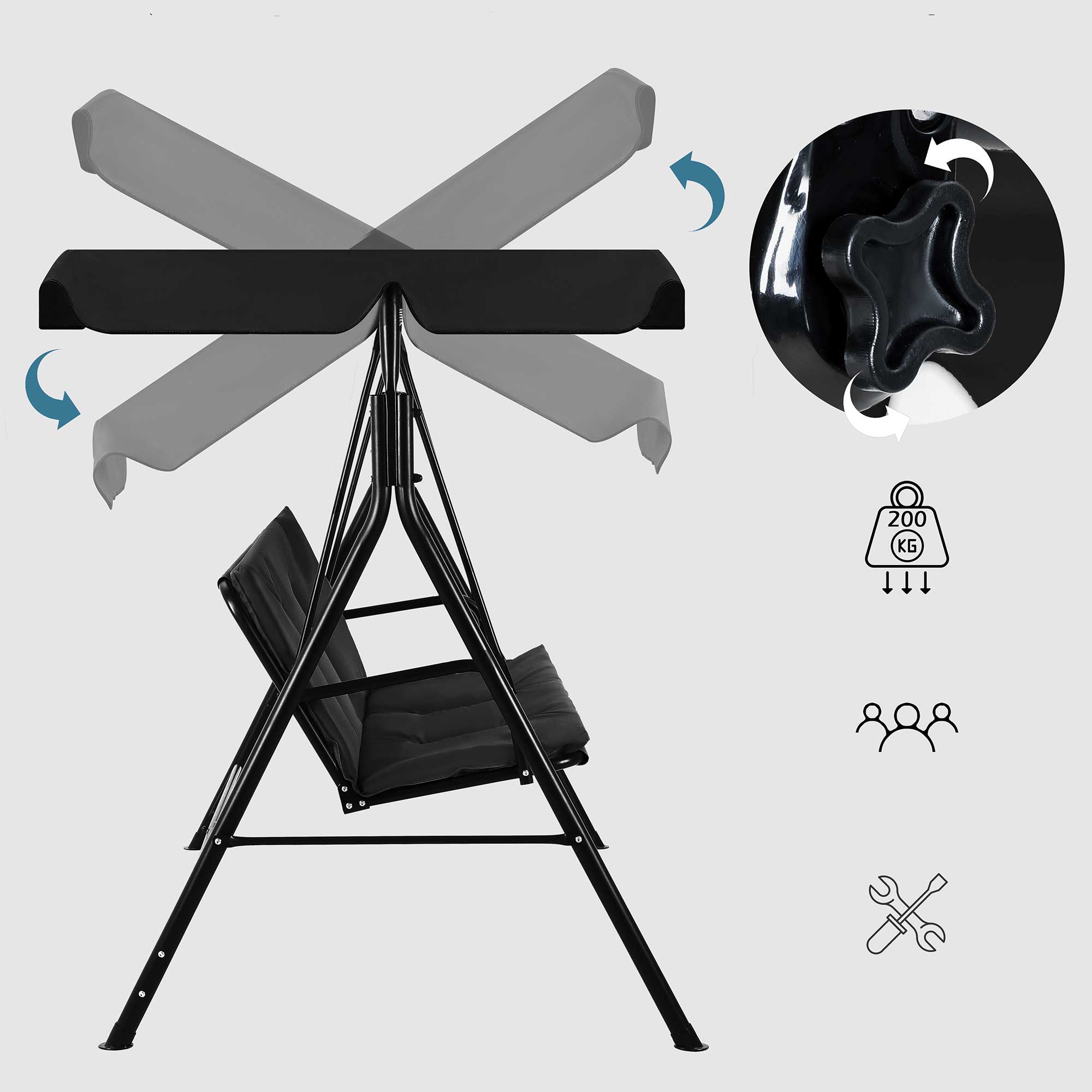 Strattore Hollywoodschaukel Gartenschaukel / Gartenliege 175 x 110 x 153 cm - Schwarz