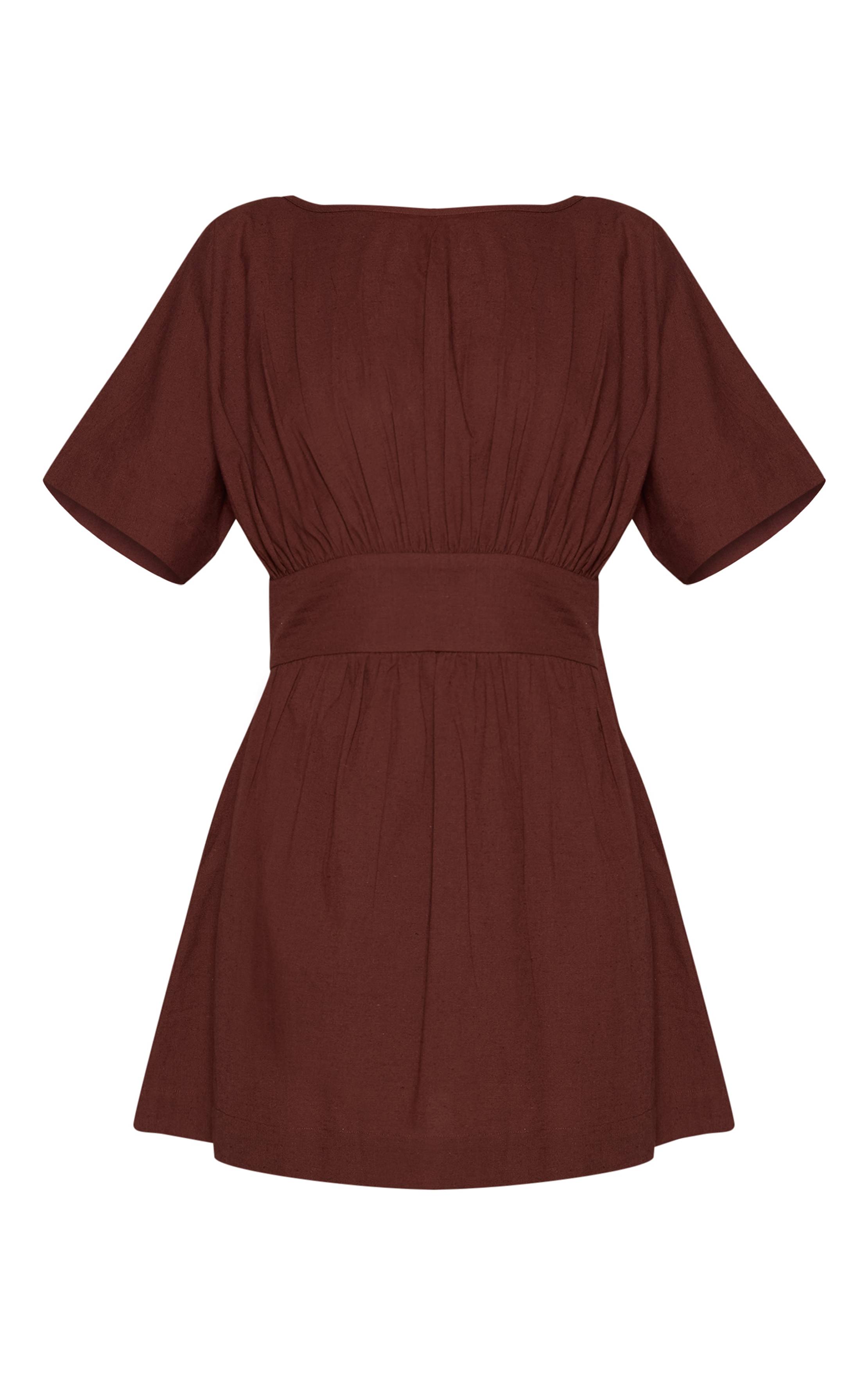Marron Robe Droite Col Bateau Aspect Lin Chocolat