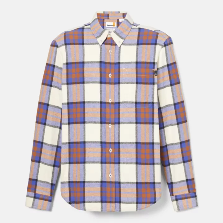 Camisa de flanela xadrez masculina em azul/branco/laranja
