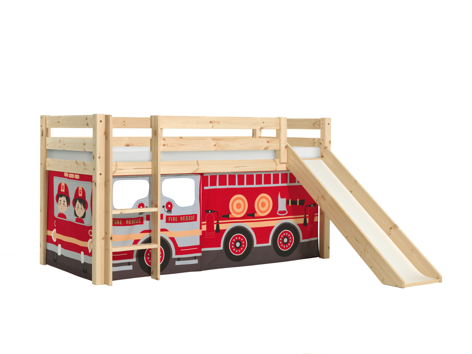 Halbhochbett PINO - Fire Rescue - Kiefer natur Massivholz - mit Rutsche - 90x200 cm