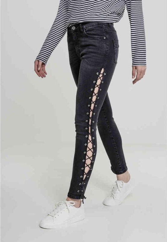 Urban Classics - Denim Lace Up Skinny Pants - Jeans - Zwart - Denim