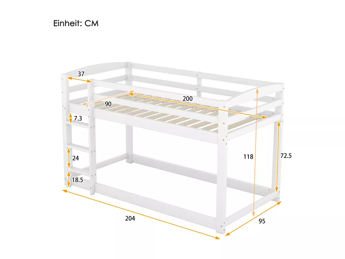 Lit superposé pour enfants et adolescents, structure en bois massif, montage facile, 90x200cm, blanc