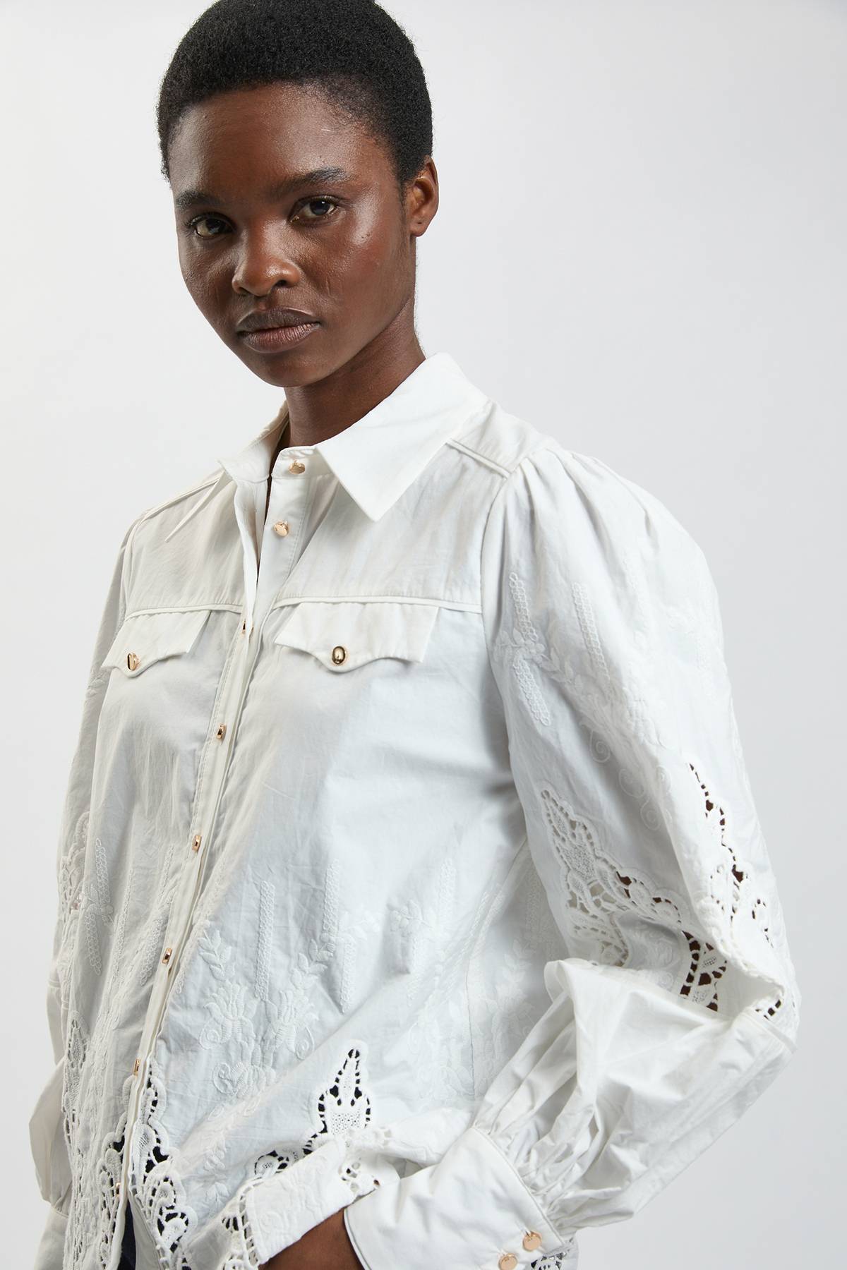 KarenMillen Chemise Tissée Petite En Coton À Manches Ballon Et Broderie Ajourée