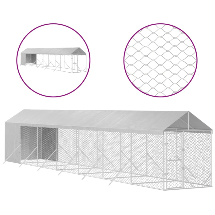 Canil externo para cães vidaXL com cobertura, aço galvanizado, prata, 2x10x2,5m