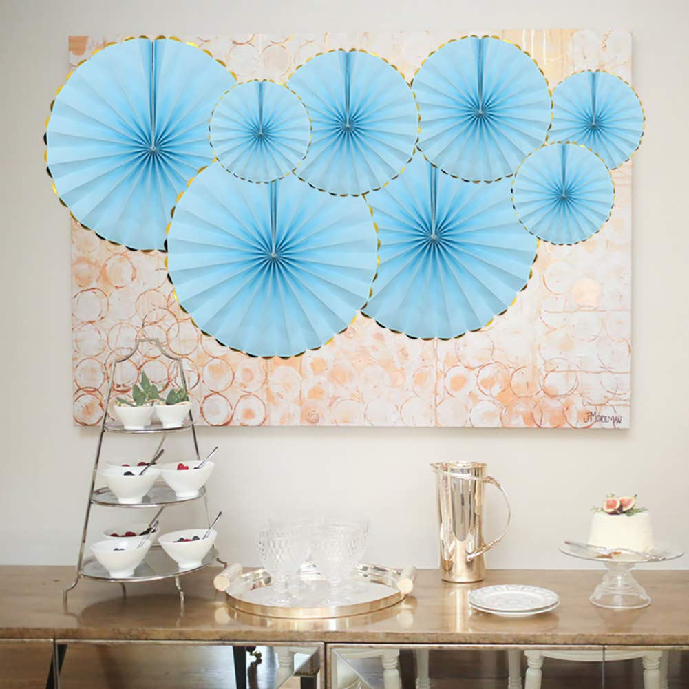 (6er Set) Papier Fächer Deko Rosetten Party / Geburtstag / Baby Shower - Blau / Gold