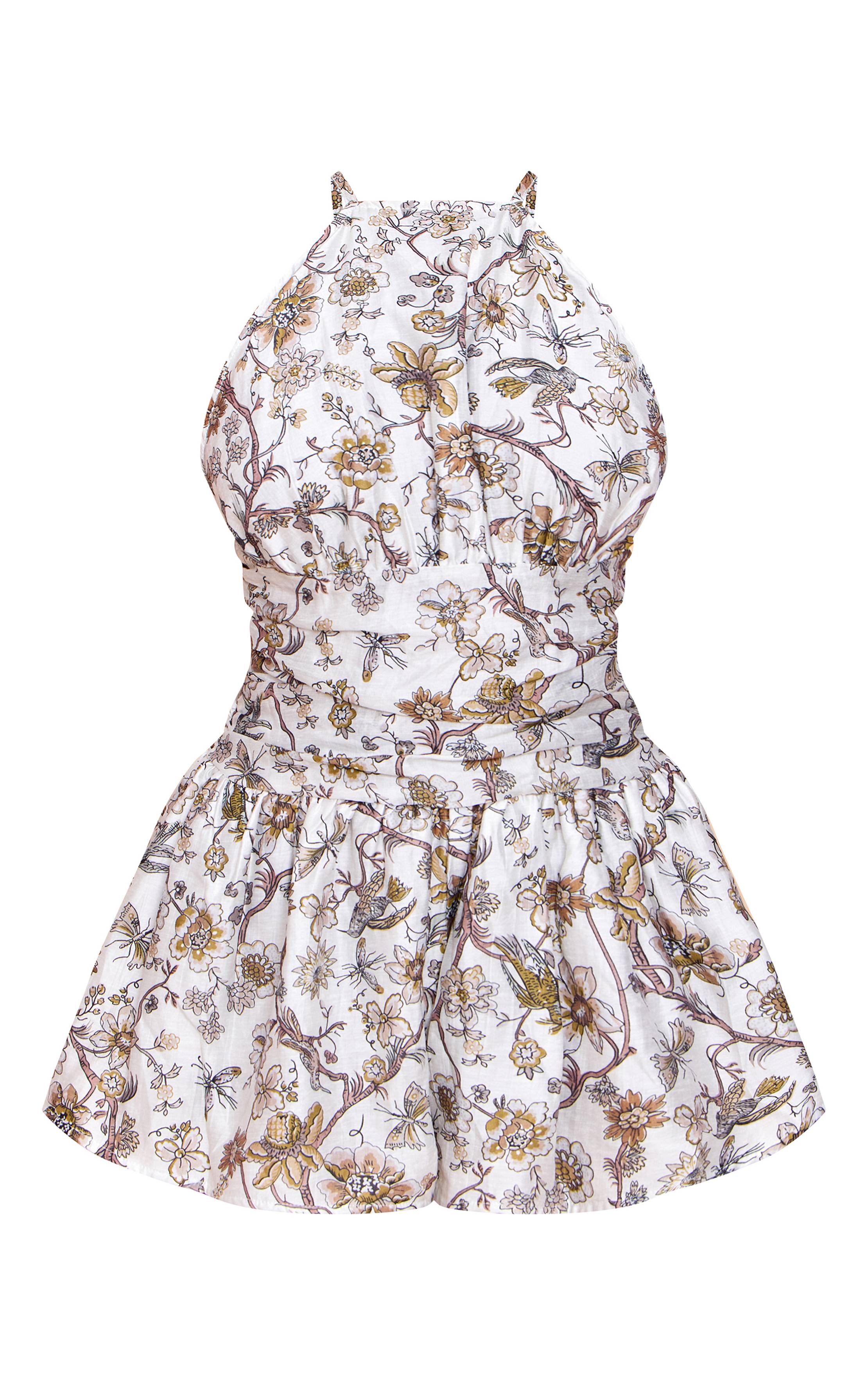 Blanc Combinaison Courte À Encolure Américaine Tissée À Motif Floral