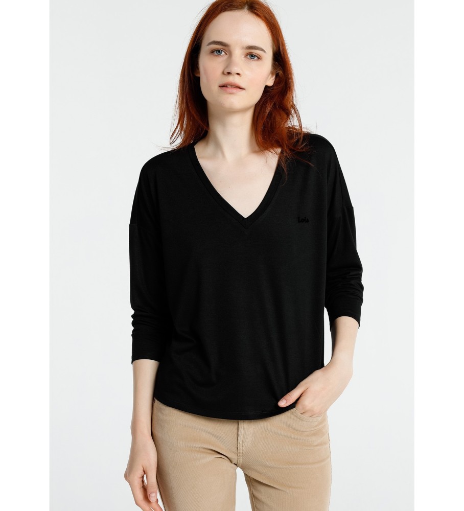 Camiseta Lois com decote em V e logo preto