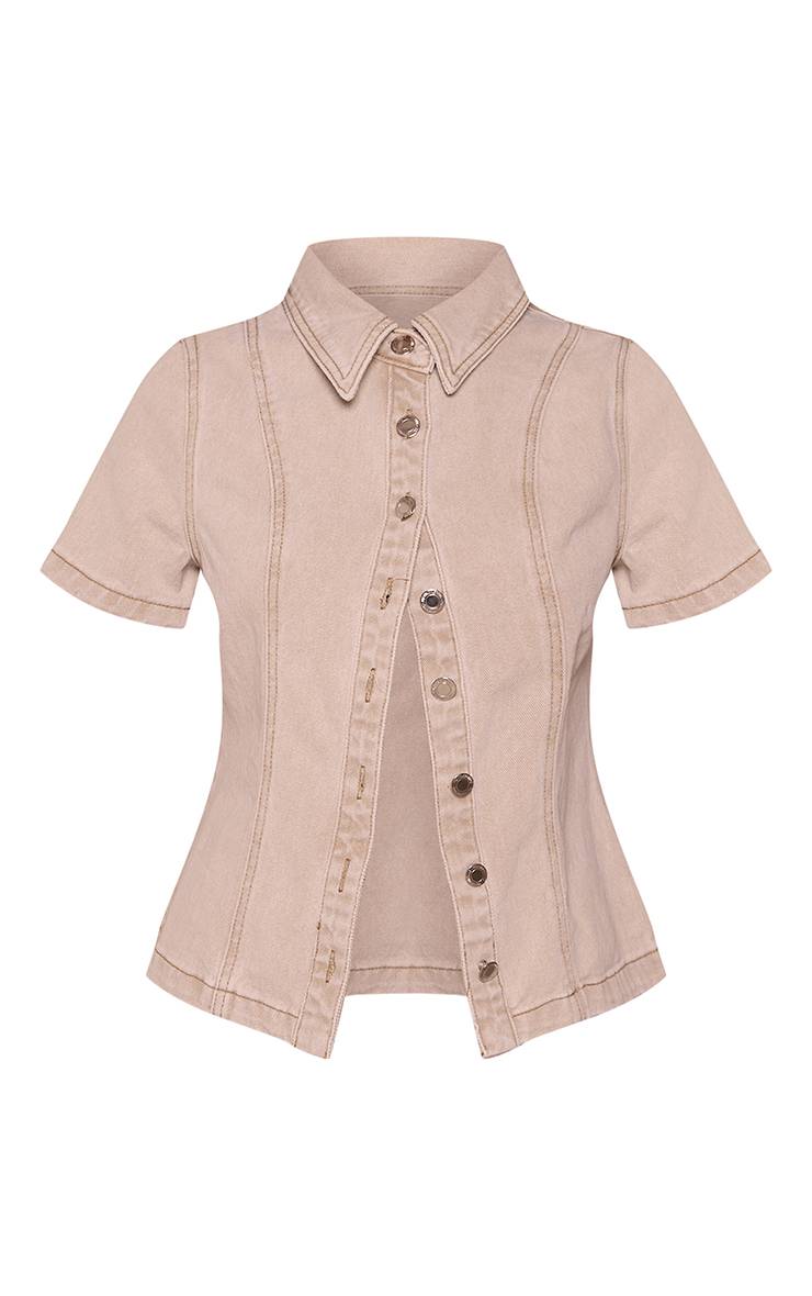 Gris Pierre Chemise Petite En Denim À Manches Courtes Avec Boutonnage