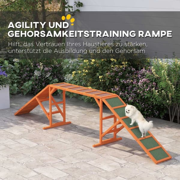 Dog Agility Bridge Agility-utstyr for hunder med sikkerhetsstang, sklisikre overflateagility-enhet for hage, 325 x 55 x 69 cm, oransje