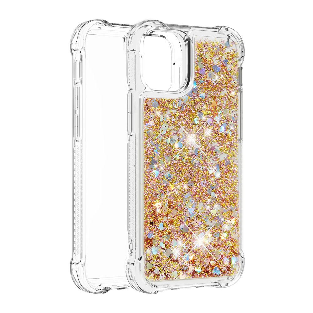 iPhone 13 Hardcase Hülle mit Air Cushion Fallschutz Liquid Case Glitzer Herzen - Gold / Transparent