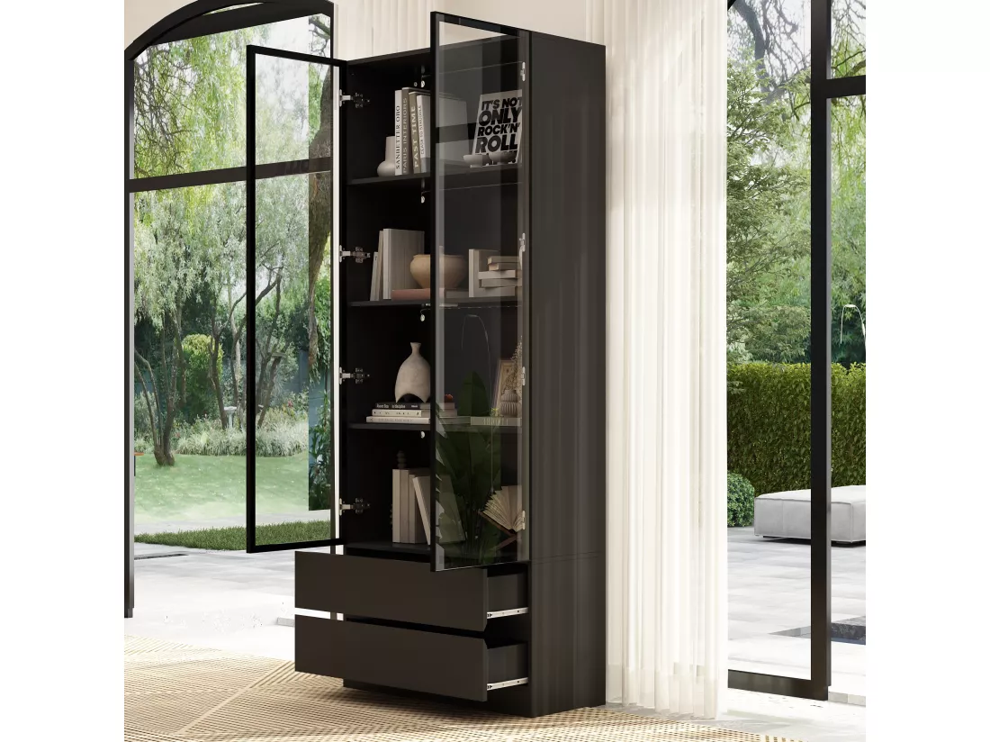 Vitrine LED avec Portes en verre trempé Bibliothèque 6 étagères 2 portes 2 tiroirs Buffet haut Salon Chambre Blanc 80x36x200cm