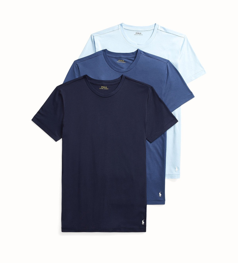 Conjunto de 3 camisetas Ralph Lauren nas cores azul e marinho.