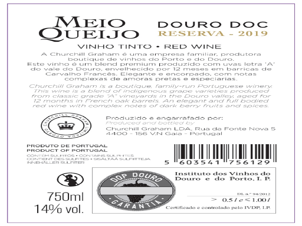 VINHO TINTO MEIO QUEIJO RESERVA DOURO 0.75L