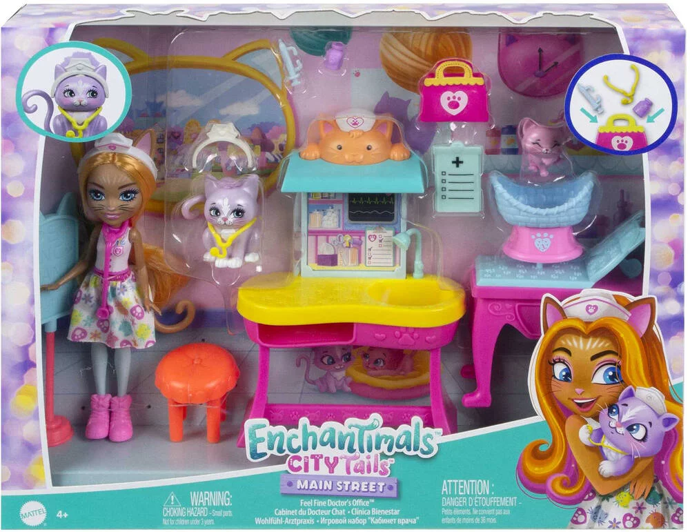 ENCHANTIMALS - POUPEE ET COFFRET BETES CITADINES CABINET DU DOCTEUR CHAT