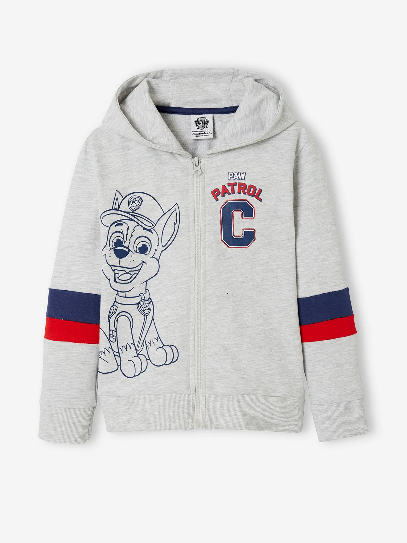 Cardigã infantil Paw Patrol® com zíper, na cor cinza claro liso com estampas.