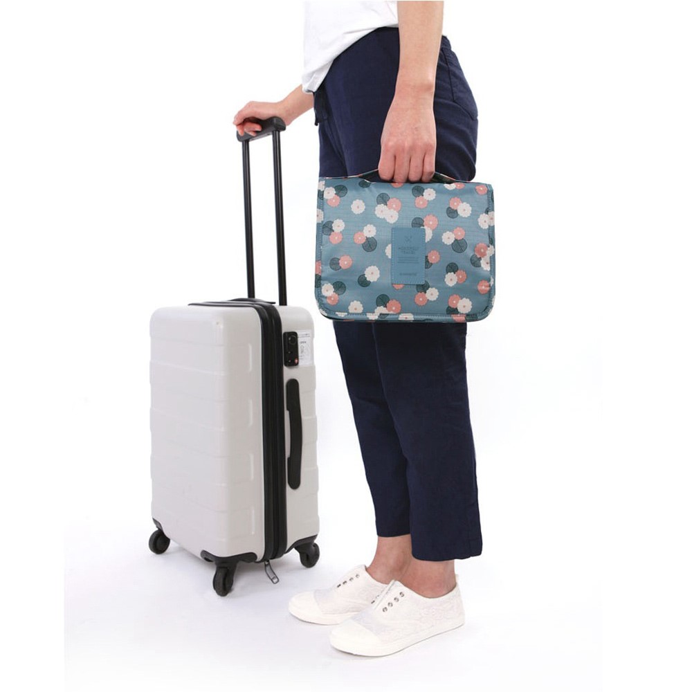 Faltbare Reise Kulturtasche Waschbeutel mit Trageschlaufe & Befestigungshaken - Blumen (Blau)