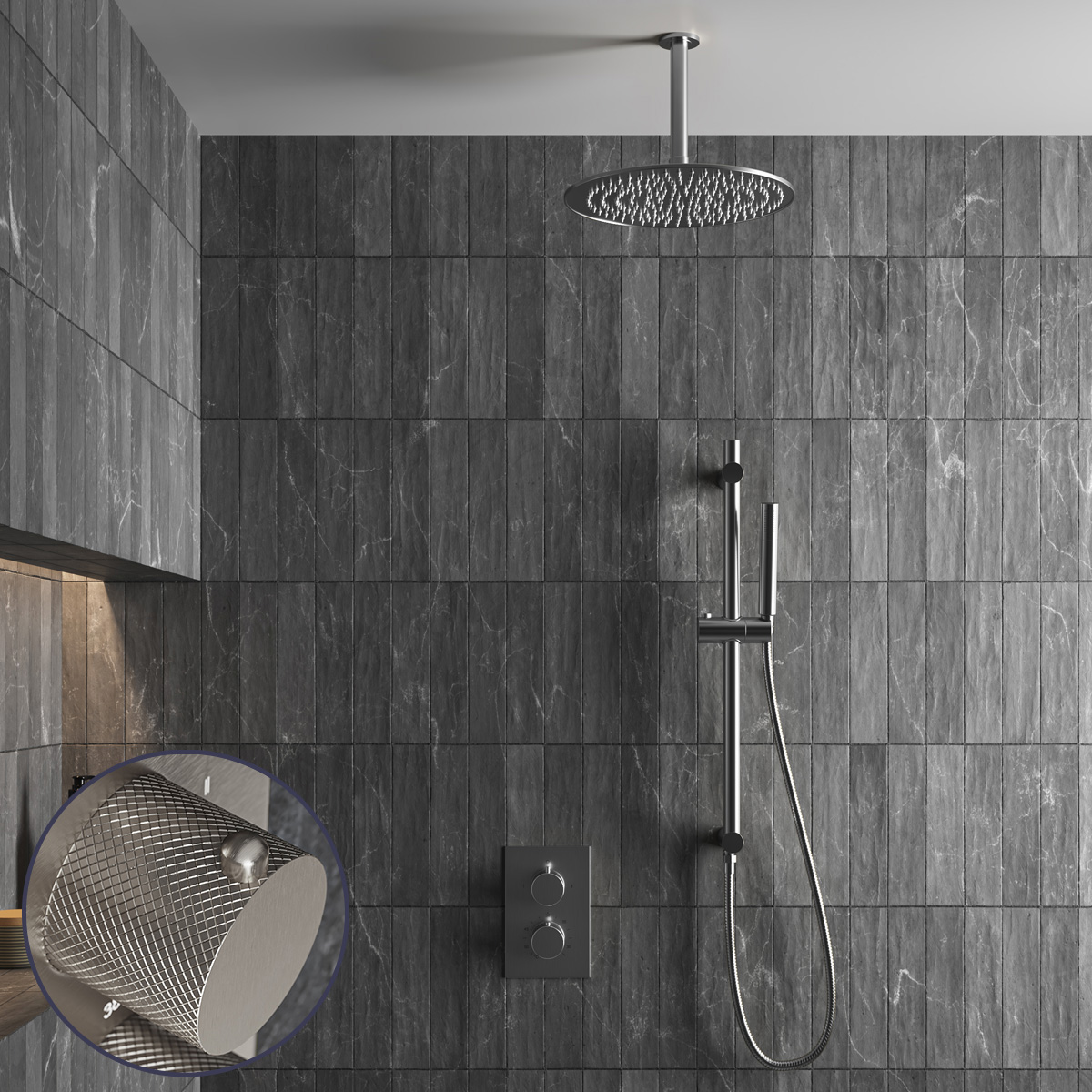Saniclear Exclusive Curved inbouw regendouche met 30cm hoofddouche, plafondarm en glijstang RVS