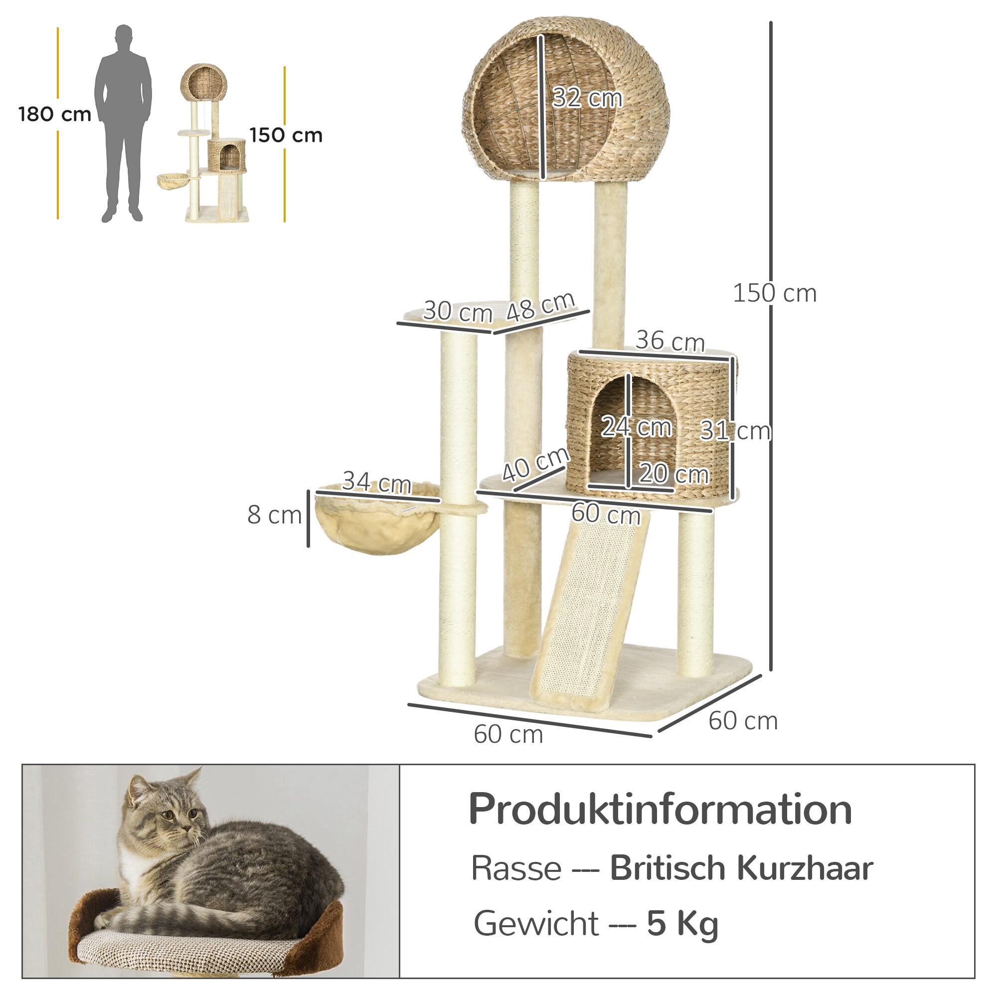 PawHut Kratzbaum mit Katzenhaus beige 60L x 60B x 150H cm