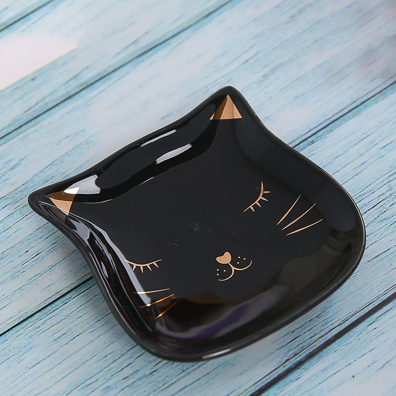 (8x8cm) Keramik Futter Napf Katzen Schüssel Haustier Wasser Schale Deko Teller im Kitten Design - Schwarz