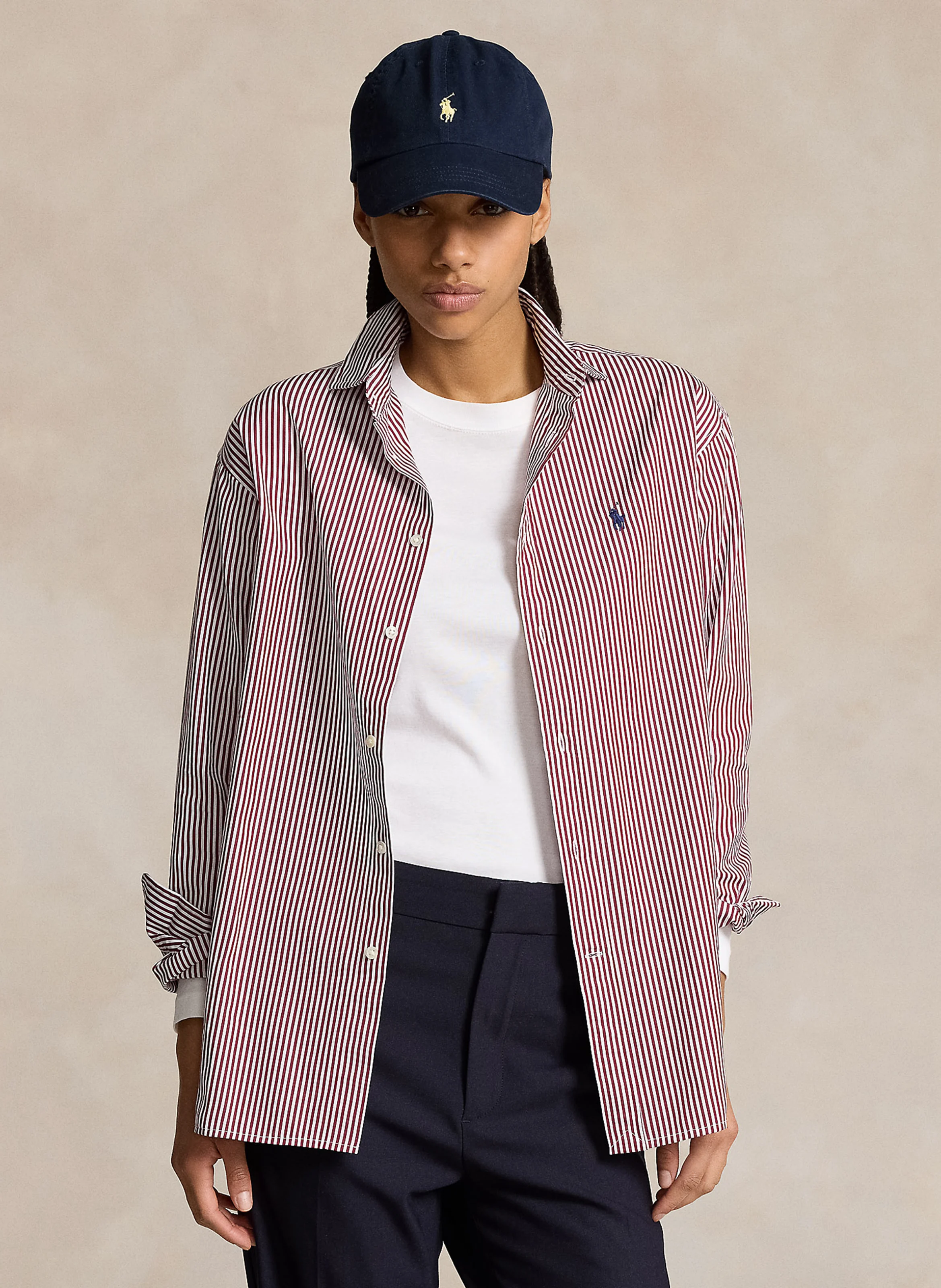 Chemise droite col polo en coton rayé | Rouge