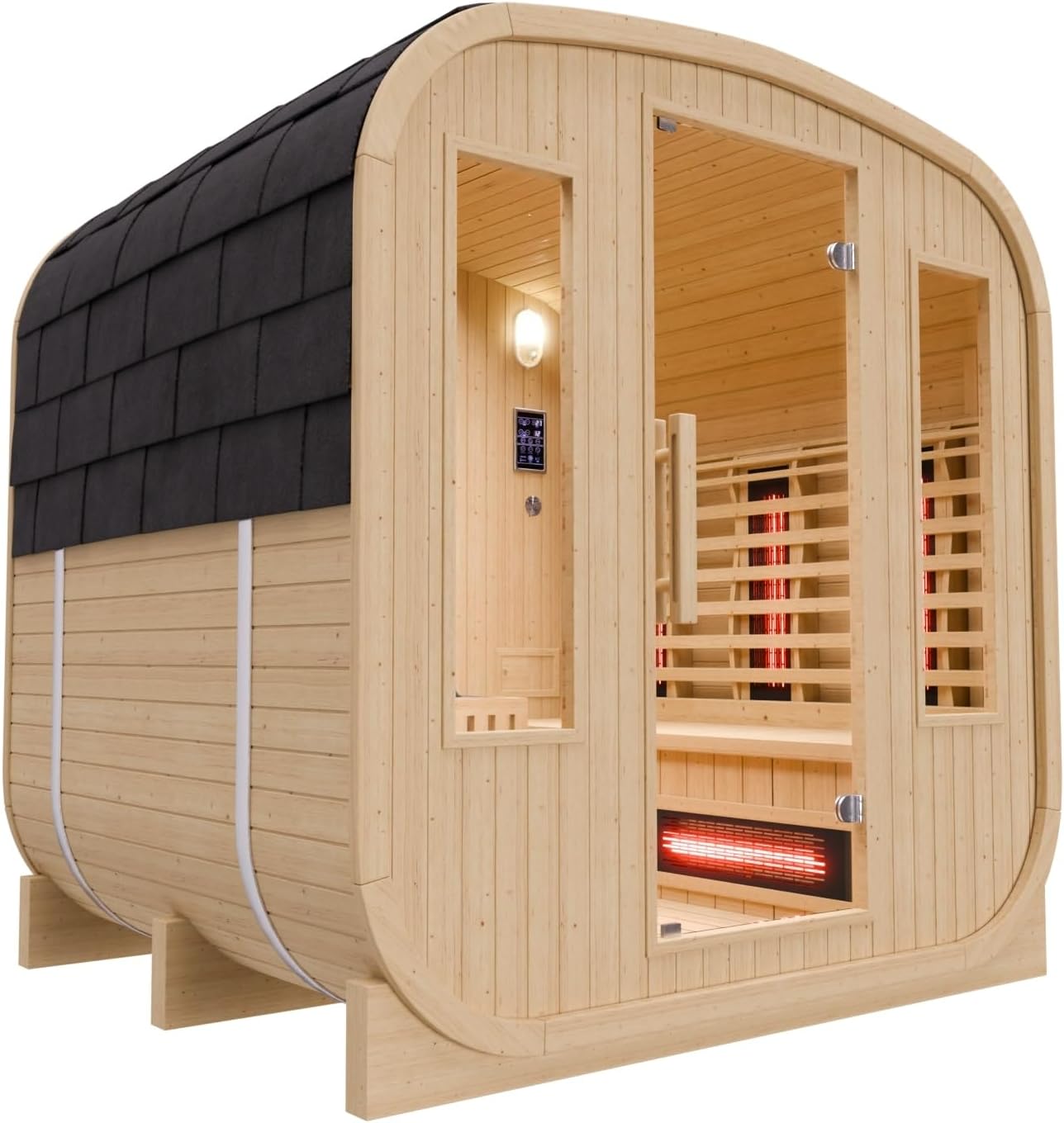Dewello® - Outdoor Fasssauna Richmond - ca. 200 cm x 180 cm x 200 cm, Fichtenholz - Cube inkl. 10 Infrarotstrahler, Saunaofen und Saunazubehör I Gartensauna, Außensauna, Sauna Fass für 4 Personen