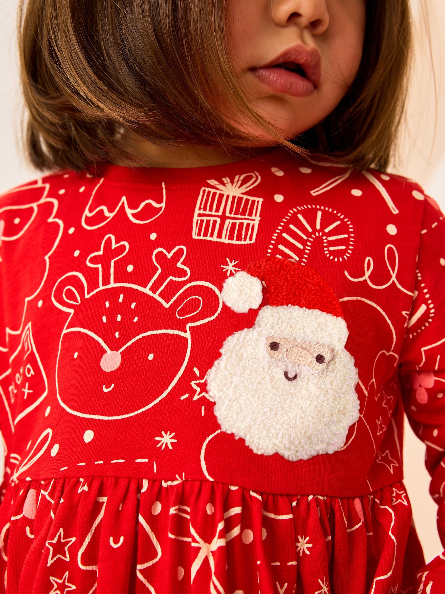 Rood - Kerstjurk met lange mouwen en figuurtje (3mnd-7jr)