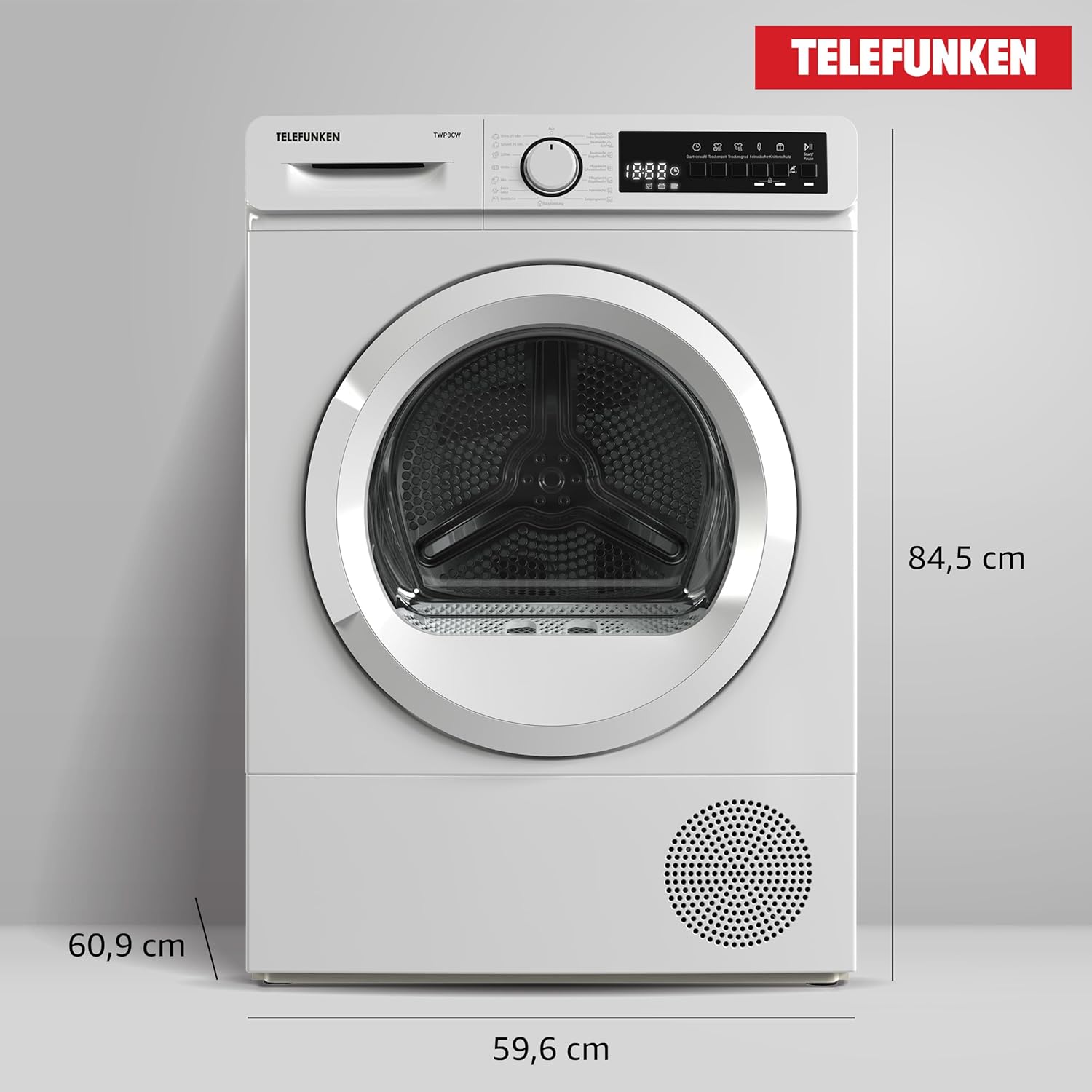 Telefunken Wärmepumpentrockner für 8 kg Wäsche, Trockner Frontlader, Wäschetrockner mit Knitterschutz und Startzeitvorwahl, Energiesparend, leise 64 dB, 15 Programme, Schontrommel, TWP8CW