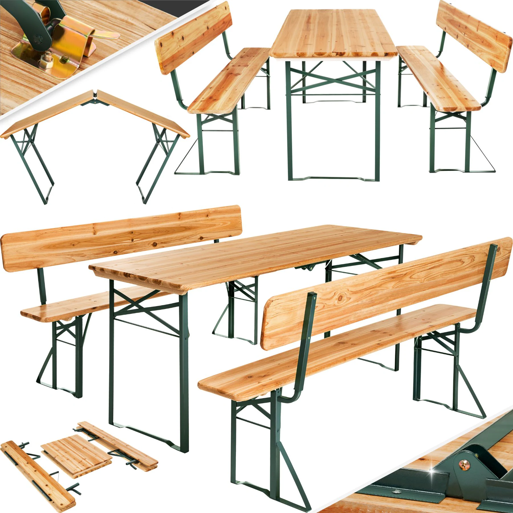 tectake® Bierzeltgarnitur, 3-teilig, belastbar, Holzlackierung mit Klarlack