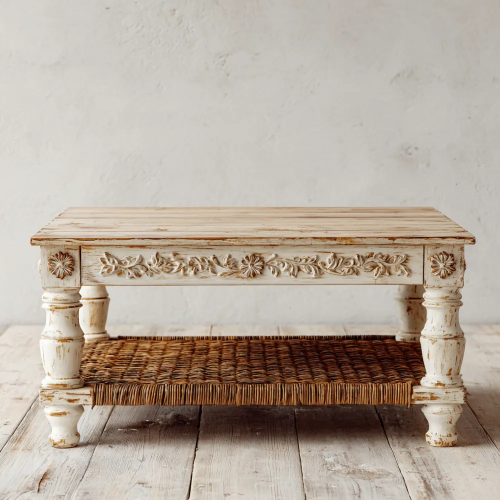 Couchtisch Holz 100x50x45 cm - Vintage Weiß - Rustikales Design